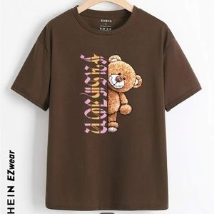 SHEIN EZwear Letter And Bear Graphic Tee